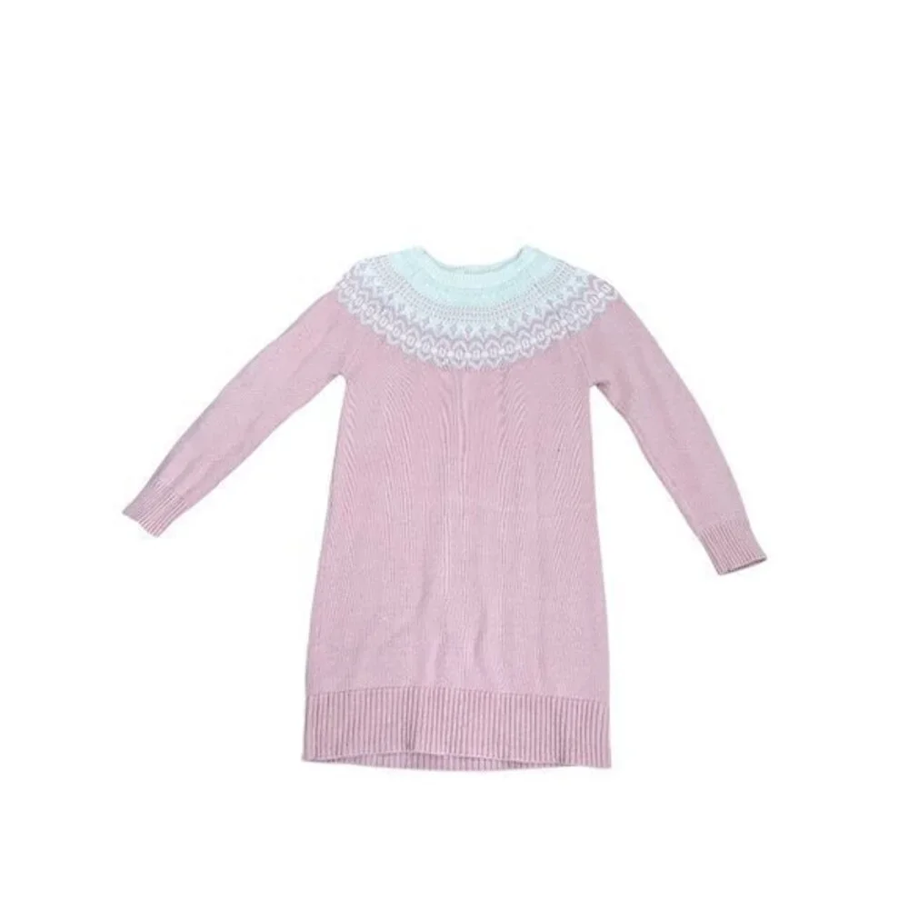 Gap Kids Pink Knit Sweater Dress With White Fair Isle Yoke Design Long Sleeves &